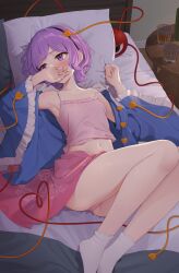 armpits averting_eyes bare_legs bed blue_shirt blush camisole collarbone commentary covering_own_mouth crop_top cup female flat_chest floral_print heart heart_of_string highres indoors kanpa_(campagne_9) knees_up komeiji_satori looking_to_the_side lying navel on_back panties pantyshot pink_camisole pink_panties pink_skirt purple_eyes purple_hair satori_komeiji shirt short_hair skirt socks solo stomach third_eye touhou underwear white_socks wide_sleeves