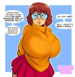 big_breasts breasts brown_hair brunette busty cuddlecore fat_breasts freckles glasses huge_breasts insecure oblivious orange_sweater red_skirt scooby-doo top_heavy velma_dinkley