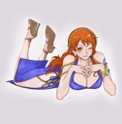 1girls bare_arms bare_legs bare_shoulders bare_thighs big_breasts clothed clothing color female female_focus female_only hi_res large_breasts light-skinned_female light_skin long_hair looking_at_viewer nami nami_(one_piece) one_piece orange_eyes orange_hair post-timeskip shounen_jump siokosho_kinoko solo solo_female tagme tattoo thick_thighs