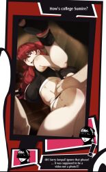 1girls 2boys atlus background cuckolding gloves grabbing_ass grabbing_from_behind gym_clothes holding_object kasumi_yoshizawa light-skinned_female light-skinned_male netorare nipples ntr persona persona_5 phone_screen pinkseito pov sports_bra sumire_yoshizawa text_message threesome