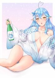 1girls absurd_res absurdres alcohol alcohol_bottle antenna_hair bare_calves bare_chest bare_hands bare_knees bare_legs bare_shoulders bare_skin bare_thighs belly blue_eyebrows blue_hair blue_hair_female blush blush_lines blushing_female bottle breasts cleavage collarbone dot_nose eyebrows_visible_through_hair female female_focus female_only fingernails fingers flower_hair_ornament full_body groin hair_between_eyes hair_ornament half_naked hamidasu high_resolution highres hololive hololive_gen_5 hololive_japan hourglass_figure legs legs_together light-skinned_female light_skin long_hair looking_at_viewer medium_breasts naked naked_female nude nude_female open_mouth panties parted_lips pointy_ears pussy shoulders simple_background sitting slender_body slender_waist slim_girl slim_waist solo thick_thighs thighs thin_waist tongue underwear v-line virtual_youtuber white_panties white_underwear wide_hips yellow_eyes yellow_eyes_female yukata yukihana_lamy