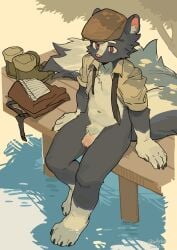 animal_crossing anthro black_body black_fur bottomwear bottomwear_aside claws clothed clothing clothing_aside collared_shirt finger_claws fluffy fluffy_tail fur hat headgear headwear hi_res kemono kicks_(animal_crossing) male mammal mephitid milkybot multicolored_body multicolored_fur necktie newsboy_cap nintendo open_clothing open_shirt open_topwear outside pants pants_aside pantsless red_eyes shirt shoes_removed sitting skunk solo tail toe_claws topwear water white_body white_fur