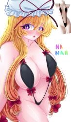 arms_behind_head bikini black_bikini blonde_hair bow breasts closed_mouth collarbone cowboy_shot female hairbow happy hat hat_ribbon large_breasts long_hair looking_at_viewer meme meme_attire mob_cap nanaii_desu navel purple_eyes red_bow red_ribbon ribbon sidelocks simple_background slingshot_swimsuit smile solo swimsuit touhou very_long_hair wavy_hair white_background white_hat yukari&#039;s_gap_bikini_(meme) yukari_yakumo