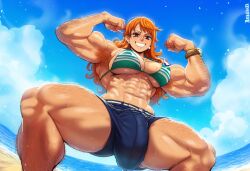 abs ai_generated arm_hair arms_crossed balls beach biceps body_hair bulge crossed_arms dominant erection erection_under_clothes futa_only futanari gloopai hairy huge_arms huge_bulge huge_cock huge_testicles large_balls large_bulge leg_hair looking_at_viewer looking_down muscular nai_diffusion nami novelai one_piece outdoors outside penis post-timeskip smug solo sunlight sweat sweatdrop sweating sweaty sweaty_body testicles