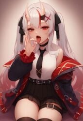 ai_generated hololive nakiri_ayame oni_horns oral_invitation red_eyes thighs tongue tongue_out virtual_youtuber white_hair