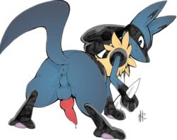 1boy 2016 3_toes animal_genitalia animal_penis anthro anus ass balls canine canine_penis chest_tuft cum edit erection feral fluffy fur half-closed_eyes hi_res holding_penis knot looking_at_viewer lucario male male_only mammal neck_tuft nintendo nude paws penis pokemon pokemon_(species) presenting presenting_hindquarters purplekecleon red_eyes simple_background smile smirk solo spikes spreading standing toes tuft vein video_games white_background