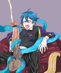 1boy balls blue_hair cum cumming drooling erection heart-shaped_pupils huge_cock ikizamea male open_mouth penis saliva tentacle tentacle tentacles_around_penis tongue tongue_out veiny_penis