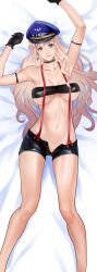 armband black_gloves blonde_hair blue_eyes breasts choker dakimakura_(medium) earrings female gloves hat huge_breasts jewelry long_hair looking_at_viewer macross macross_frontier mikazuki_shigure navel peaked_cap sheryl_nome short_shorts shorts single_earring smile solo underboob