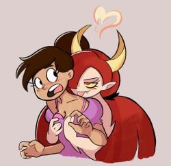 breasts cleavage female genderswap_(mtf) hekapoo licking marco_diaz princess_marcia princess_marco risingfang rule_63 saliva saliva_trail star_vs_the_forces_of_evil yuri