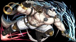 another_eidos_of_dragon_vein_r anothereidos_of_dragon_vein_r anthro armpit_focus armpit_hair balls_bulge bandanna_on_forehead belt bodily_fluids body_hair bottomwear bulge canid canine canis chains chest_hair clothing full_house_(anothereidos_r) fullhouse gold_(metal) gold_chain happy_trail hi_res male male_only mammal monogg muscular muscular_male nipple_piercing nipples pants piercing raised_arms red_eyes scar solo sweat tenting wolf