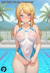 ahoge ai_generated bangs blonde_hair blue_eyes blush breasts clothing_aside collarbone competition_swimsuit covered_navel covered_nipples cowboy_shot day female hachimiya_meguru hair_ornament hairclip idolmaster idolmaster_shiny_colors large_breasts long_hair looking_at_viewer low_twintails nipples one-piece_swimsuit outdoors pikkiwynn pool poolside pussy see-through solo swimsuit swimsuit_aside tree twintails water wet white_one-piece_swimsuit