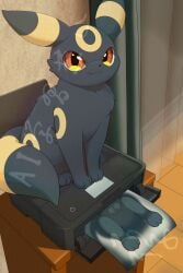 2:3 absurd_res anthro balls black_body black_fur distracting_watermark eeveelution feral fur generation_2_pokemon genitals hi_res hirochanu humor male nintendo pokemon pokemon_(species) printer quadruped sitting solo umbreon watermark yellow_eyes