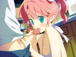 1boy, 1girl, blush, breasts, censored, fellatio, female hair_ornament, hairclip, male mosaic_censoring, nipples, oral, penis, pink_hair, small_breasts, straight