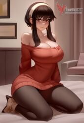 1girls 2d ai_generated ass bare_shoulders big_ass big_breasts black_hair blush breasts cleavage earrings erophoenix female female_focus full_body hairband jewelry long_hair looking_at_viewer off-shoulder_sweater pantyhose patreon_username smile solo solo_female spy_x_family sweater thick thick_thighs uncensored yor_briar yor_forger