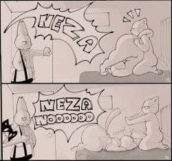 2025 anthro ass ass_up bed big_butt big_penis bodily_fluids caught_in_the_act clothed clothing comic curtains digital_media_(artwork) domestic_cat exclamation_point felid feline felis fur furniture genitals group half-closed_eyes hands_behind_head hands_behind_own_head inside jacket kneeling kneeling_on_bed kuehiko_roshihara lagomorph leporid looking_at_another male male/male mammal monochrome narrowed_eyes nervous nude on_bed opening_door penis pushing rabbit rufuta_hachitani screaming scut_tail shocked short_tail shoving side_view smile smug speech_bubble standing sushiamazing sweat sweater tail tapio_chatarozawa text thick_thighs topwear uwaharu_nezazono working_buddies!