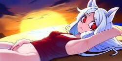 1girls ai_generated armpits arms_up beach bottomless breasts cerberus_(helltaker) cleavage clothing demon demon_girl dog_ears dog_girl female female_only helltaker long_hair lying outdoors red_eyes small_breasts solo tank_top white_hair