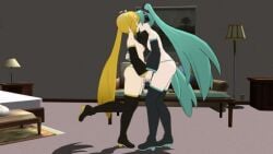 2girls akita_neru aqua_hair boots chair desk detached_sleeves female hatsune_miku headphones kissing long_hair multiple_girls panties piano thigh_boots thighhighs twintails underwear very_long_hair yuri