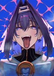 1girls ahe_gao blue_eyes blue_hair blush close-up erasorpepero female heart-shaped_pupils hololive hololive_english hololive_english_-council- hololive_english_-promise- ouro_kronii short_hair solo teeth tongue tongue_out virtual_youtuber