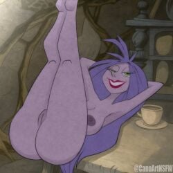 1girls 2025 2d_(artwork) accurate_art_style ass big_breasts breasts canoartnsfw completely_nude disney eyelashes female green_eyes legs_up looking_at_viewer madam_mim naked_female nude purple_body purple_hair purple_skin pussy seductive_pose shapeshifter smile the_sword_in_the_stone thick_ass thick_thighs thighs