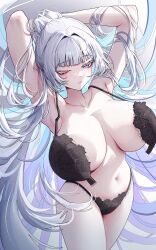 1girls armpits arms_behind_back arms_up artist_name beautiful_woman black_bra black_panties blue_eyes blunt_bangs bra breasts breasts_apart collarbone colored_eyelashes erbium goddess_of_victory:_nikke hair_intakes half-closed_eyes heavenly_body lace lace-trimmed_bra lace-trimmed_panties lace_trim large_breasts long_hair mature_woman mole mole_on_breast mole_under_eye multiple_moles navel nayuta_(nikke) one_eye_closed open_bra panties posing solo standing stomach thick_eyelashes thighs uncaring_female underwear underwear_only very_long_hair white_eyelashes white_hair