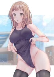 aga_marino armpits big_breasts blush breasts brown_eyes brown_thighhighs cameltoe idolmaster idolmaster_shiny_colors medium_hair one-piece_swimsuit parted_lips sakuragi_mano swimsuit swimsuit_pull thighhighs thighs