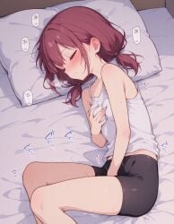 ai_assisted ai_generated closed_eyes female female_only fingering_through_clothes holding_breast lying_on_bed lying_on_side masturbation masturbation_through_clothing original_character pleasured red_hair short_hair shorts small_breasts teenager young