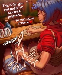 bar blue_hair clothed_female clothing cum cum_on_arm cum_on_body cum_on_clothes cumshot emily_(stardew_valley) forz_(artist) handjob milf older_female older_female_and_younger_male pov public_masturbation stardew_valley text vincent_(stardew_valley) violet_eyes younger_male