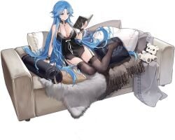 azur_lane babydoll bare_shoulders black_babydoll black_choker black_thighhighs blue_eyes blue_hair blush book bracelet breasts cg choker cleavage closed_mouth collarbone couch dress female full_body garter_straps holding holding_book jewelry lace lace-trimmed_legwear lace_trim large_breasts letterboxed lingerie long_hair looking_at_viewer multicolored_hair nail_polish nightgown no_shoes official_alternate_costume official_art on_couch open_book parted_bangs pillow sitting sleepwear smile solo sovetskaya_belorussiya_(azur_lane) sovetskaya_belorussiya_(relaxation_stratagem)_(azur_lane) stuffed_animal stuffed_toy teddy_bear thighhighs transparent_background underwear very_long_hair
