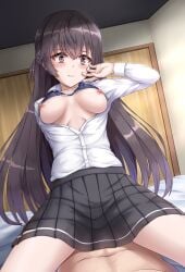 1girls breasts brown_hair female nipples pleated_skirt shirt skirt suou_yuki tokidoki_bosotto_russian_de_dereru_tonari_no_alya-san white_shirt