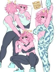 black_sclera breasts cameltoe clothed fit_female holic_fz horns leg_up looking_at_viewer mina_ashido muscular muscular_female sleeveless sportswear squatting stretched_clothing stretching thighs tight_clothing working_out workout yoga_pants