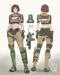 abs absurdres ammunition_pouch armor artist_name astra_militarum belt_pouch boot_knife boots breasts camouflage catachan_jungle_fighter charm_(object) cleavage fangs female fingerless_gloves gloves greaves gun handgun headband headset highres holster imperial_guard knee_pads knife large_breasts lasgun looking_at_viewer military_uniform pauldrons pink_eyes pouch radio red_headband short_hair shoulder_armor signature skull smile solo submachine_gun toned warhammer_40k weapon zephart