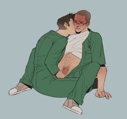 2boys 5_fingers blush blushing caressing cock daniel_lamb dick digital_drawing_(artwork) dumb_aero flustered flustered_male fondling gay glasses holding_penis homosexual kissing kissing_neck leo_kasper male male_only manhunt manhunt_2 penis pubic_hair shirt_up simple_background spread_legs sweat yaoi