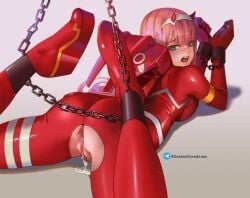 after_sex after_vaginal anus ass blush bodysuit breasts chains cum cum_in_pussy cumdrip female from_behind green_eyes hairband horns long_hair looking_at_viewer looking_back lying medium_breasts on_stomach open_mouth pilot_suit pink_hair pussy red_bodysuit solo uncensored white_hairband zero_two_(darling_in_the_franxx)