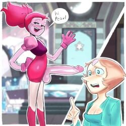 1girl1futa blue_eyes breasts futa futanari light-skinned_female pearl_(steven_universe) pink_body pink_hair spinel_(steven_universe) steven_universe