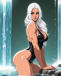 ai_generated black_cat_(marvel) cave felicia_hardy green_eyes in_water large_ass large_breasts long_hair marvel marvel_comics nature one-piece_swimsuit spider-man_(series) swimsuit water_drop waterfall white_hair