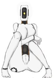 anklet anus aperture_science ass barefoot bodysuit breasts feet female glados glados_(humanoid) greyscale gun monochrome nude portal_(series) pussy simple_background sitting solo toes weapon white_background
