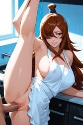 1boy 1girls ai-created ai_generated apron bodily_fluids breasts clothing female female flexible genital_fluids green_eyes hadaka_apron high_resolution kitchen kyefie leg_up long_hair male mei_terumi naruto naruto_shippuden nude red_hair sex sideboob split spread_legs straight sweat terumi_mei trembling uncensored vagina vaginal_juices vaginal_penetration window