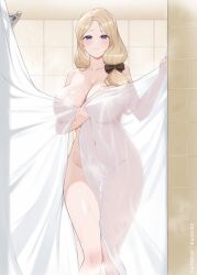 1girls 2025 blonde_hair blush breasts female female_only fire_emblem fire_emblem:_three_houses huge_breasts kaos_art large_breasts light-skinned_female light_skin looking_at_viewer mercedes_von_martritz nintendo nude nude_female purple_eyes shower shower_curtain side_ponytail solo thick_thighs tiles wide_hips