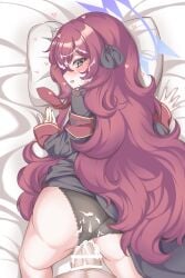 1boy :d absurdres amerika_neko arm_support armband ass bar_censor bed_sheet black_bow black_panties blue_archive blue_halo blush bow censored clothed_sex clothing_aside commentary cum cum_in_pussy cum_on_body cum_on_clothes cum_on_hair cum_on_penis doggy_style facial female fluffy_hair grey_eyes hair_between_eyes hairbow halo happy happy_sex head_on_pillow heart highres iroha_(blue_archive) jewelry lace-trimmed_panties lace_trim long_hair looking_at_viewer looking_back male no_headwear on_bed open_mouth outstretched_hand panties panties_aside pillow pov pov_crotch red_armband red_hair ring school_uniform sex sex_from_behind sleeves_past_wrists smile straight-on sweatdrop thighs top-down_bottom-up underwear vaginal_penetration very_long_hair young