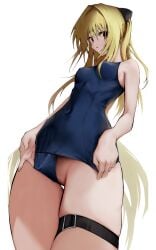 absurdres blonde_hair blue_one-piece_swimsuit breasts clothing_aside commentary cone_hair_bun covered_navel eee_mii female from_below hair_bun hair_intakes highres konjiki_no_yami long_hair looking_at_viewer old_school_swimsuit one-piece_swimsuit parted_lips pussy red_eyes school_swimsuit simple_background small_breasts solo swimsuit swimsuit_aside thigh_strap thighs to_love-ru two_side_up uncensored very_long_hair white_background