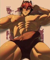 1boy abs armpits bara big_pecs bulge chest dog_ears gay komano_manato laying_down looking_at_viewer male male_focus male_only muscular muscular_male nipples pecs pectorals red_eyes red_underwear scar shirtless solo solo_focus solo_male spread_legs underwear video_games zenless_zone_zero