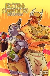 absurd_res anthro apple arm_hair body_hair bovid bovine bulge cattle chest_hair claude_kenji clock comic cover cover_art cover_page dialogue_box dragon eastern_dragon food fruit hair hair_over_eye hi_res highland_cattle holding_object jack_toreto_(thekbear) male mammal muscular muscular_anthro muscular_male mythological_creature mythological_scalie mythology nipple_piercing nipples piercing plant scalie speech_bubble thekinkybear watch wristwatch