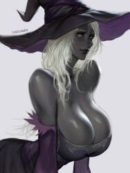 1girls bare_shoulders big_breasts busty dark-skinned_female dark_skin elden_ring elden_ring_nightreign female female_only fromsoftware hat huge_breasts large_breasts massive_breasts milf partially_clothed ragecndy recluse_(nightreign) white_hair witch witch_hat
