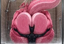 1girls ai_generated ass bent_over darkeffect dragon face_in_ass horns larger_female looking_back pink_body presenting presenting_hindquarters pressed_on_glass rear_view shower tail thick_thighs wide_hips