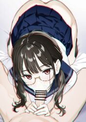 1boy bar_censor brown_eyes brown_hair censored collared_shirt cum cum_in_mouth cum_on_body cum_on_eyewear cum_on_hair facial fellatio female glasses highres long_hair looking_at_viewer low_twintails male moonsorrow oral original pleated_skirt sailor sailor_collar school_uniform serafuku shirt skirt twintails white_shirt
