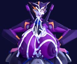 1futa airachnid arcee arcee_(prime) cum cum_on_breasts cum_on_face excessive_cum eye_closed facial female huge_breasts huge_cock paizuri squeezing_breasts transformers transformers_prime trawert