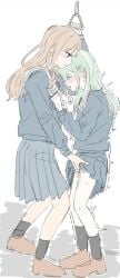 2girls absurdres bang_dream! bang_dream!_it's_mygo!!!!! black_socks blue_eyes blue_shirt blue_skirt blush brown_hair brown_shoes closed_eyes closed_mouth clothes_grab commentary_request ear_blush female fingering green_hair highres long_hair multiple_girls nagasaki_soyo open_mouth pleated_skirt pussy_juice sailor_collar school_uniform shirt shirt_grab shoes simple_background skirt socks standing sweat trembling tsukinomori_school_uniform wakaba_mutsumi white_background white_sailor_collar wsmm yuri