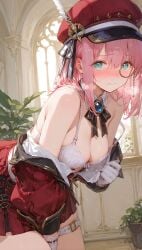ai_generated blue_eyes bra charlotte_(genshin_impact) embarrassed female genshin_impact lingerie looking_at_viewer monocle pink_hair showing_breasts