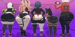 1boy 2_tails 4girls anby_demara ass ass_chart ass_cleavage ass_comparison ass_focus belle_(zenless_zone_zero) big_ass billy_kid_(zenless_zone_zero) blue_hair booty_shorts butt_crack cat_ears cat_tail catgirl dark-skinned_female dark_skin female femboy full_body hands_on_ass hands_on_hips heel_boots hoyoverse male multi_tail nekomiya_mana nicole_demara pink_hair ponytail ripped_pants robot robot_boy shortstack skirt squished_ass ssleviathann tail white_hair zenless_zone_zero