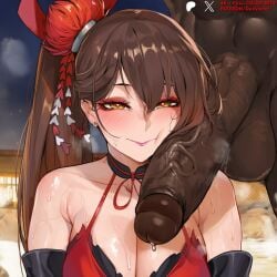 1boy ai_generated azur_lane bangs bare_shoulders blush breasts brown_hair cheek_poking choker cleavage closed_mouth clothing curvaceous_female dark-skinned_male dark_skin dress duxvector earrings erection female female gloves hair_ornament heart heart-shaped_pupils huge_breasts huge_cock interracial jewelry large_breasts large_penis lips long_hair looking_at_viewer makeup male netorare night ntr onsen penis penis_on_face poking ponytail red_dress red_ribbon smile solo_focus steaming_body straight sweat symbol-shaped_pupils testicles text tongue tongue_out upper_body veins veiny_penis very_dark_skin water yellow_eyes zuikaku_(azur_lane)